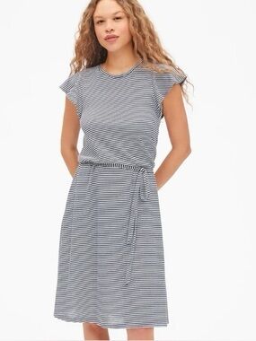 GAP Flutter Sleeve Midi Dress in a navy blue and white stripe